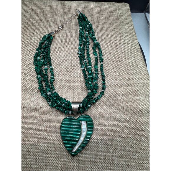 Vintage Sterling Silver Malachite & Mother of Pearl Heart Pendant Necklace Multi - Picture 7 of 9